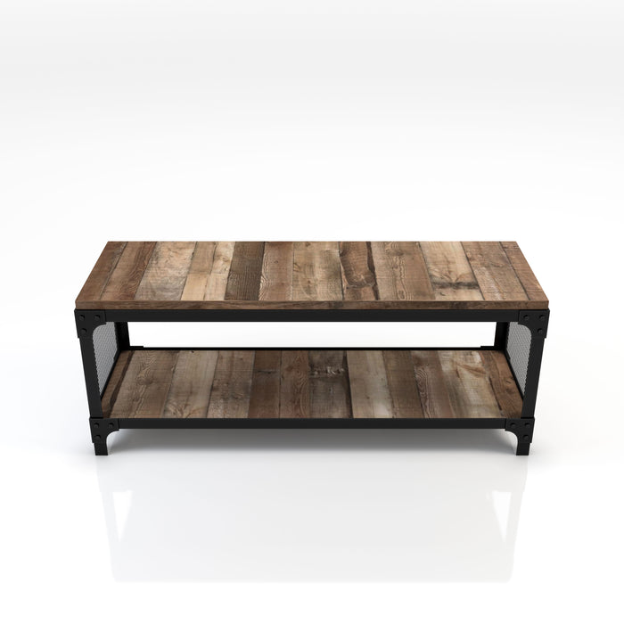 Front-facing top view urban reclaimed barnwood one-shelf bench on a white background