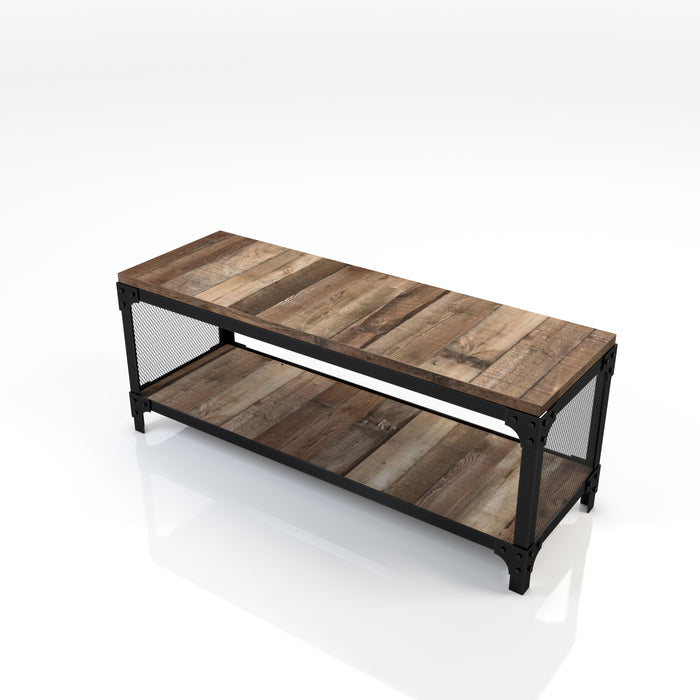 Left angled top view urban reclaimed barnwood one-shelf bench on a white background