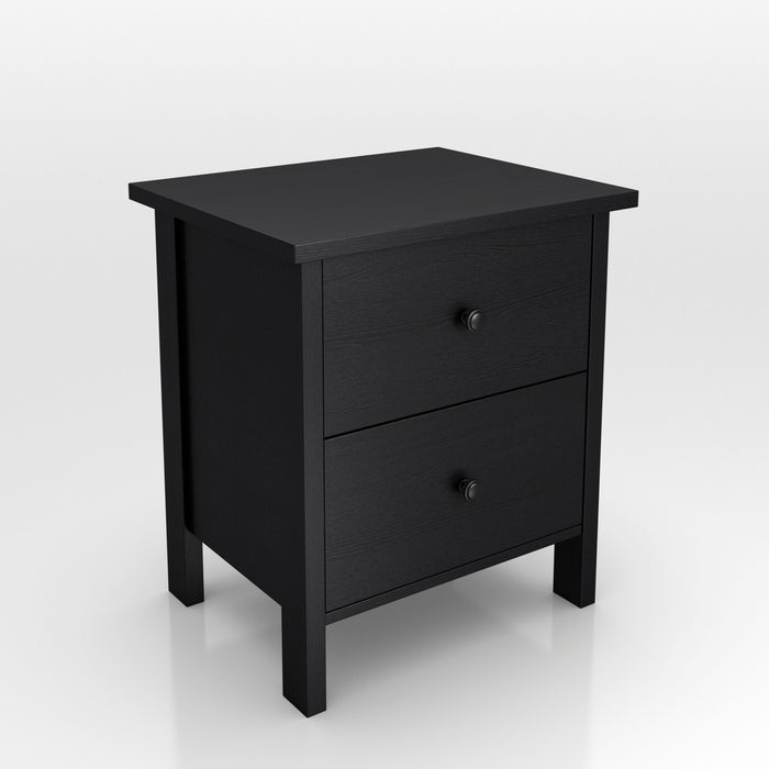 Right angled transitional two-drawer black nightstand on a white background
