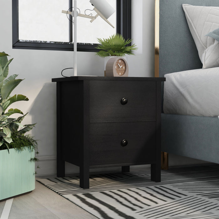 Right angled transitional two-drawer black nightstand in a bedroom with accessories