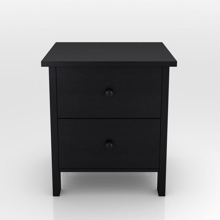 Front-facing transitional two-drawer black nightstand on a white background