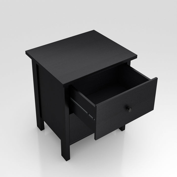 Right angled top view transitional two-drawer black nightstand with top drawer open on a white background