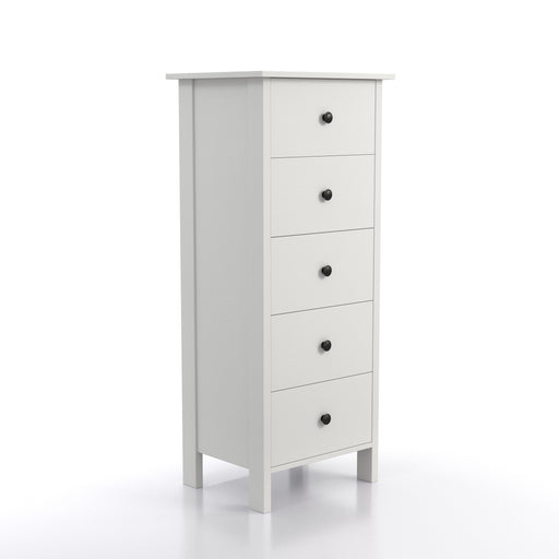 Right angled transitional five-drawer tall tall dresser on a white background