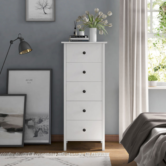 Front-facing transitional five-drawer tall tall dresser in a bedroom with accessories