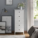 Front-facing transitional five-drawer tall tall dresser in a bedroom with accessories