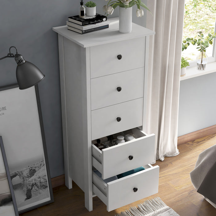 Right angled transitional five-drawer tall tall dresser with lower two drawers open in a bedroom with accessories