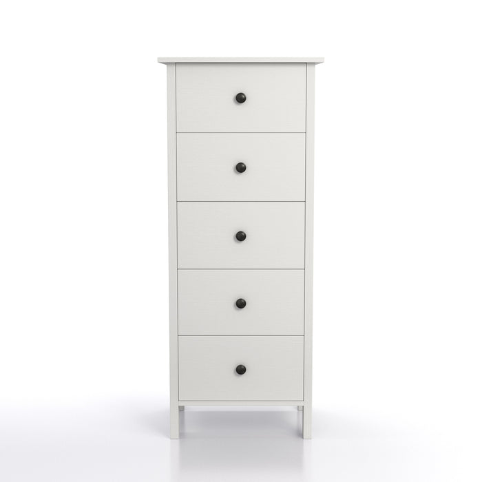 Front-facing transitional five-drawer tall tall dresser on a white background