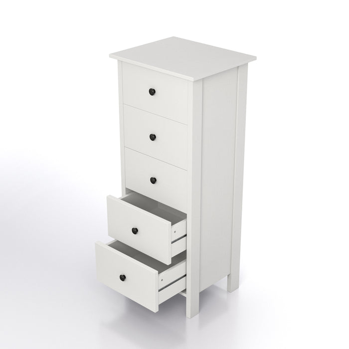 Left angled transitional five-drawer tall tall dresser with lower two drawers open on a white background