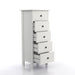 Right angled transitional five-drawer tall tall dresser with lower four drawers open on a white background