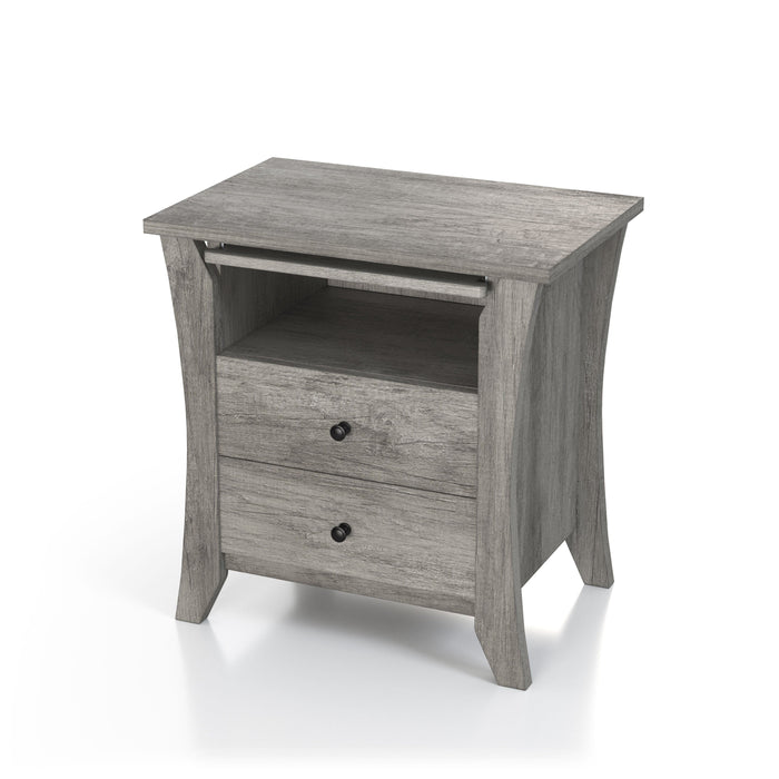Left-angled top view transitional vintage gray oak finish wood two-drawer nightstand with flared sides, one fixed shelf, and a pull-out shelf on a white background