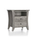 Right-angled transitional vintage gray oak finish wood two-drawer nightstand with flared sides, one fixed shelf, and a pull-out shelf on a white background