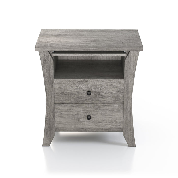 Front-facing transitional vintage gray oak finish wood two-drawer nightstand with flared sides, one fixed shelf, and a pull-out shelf on a white background