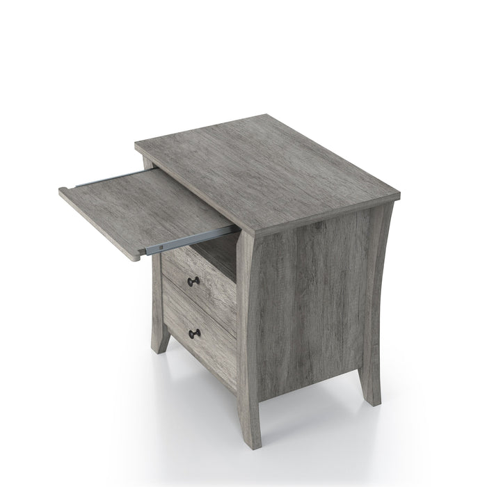 Left-angled top view transitional vintage gray oak finish wood two-drawer nightstand with flared sides, one fixed shelf, and one pulled-out shelf on a white background