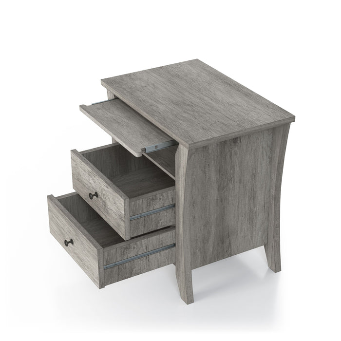 Left-angled top view transitional vintage gray oak finish wood two-shelf nightstand with flared sides and two open drawers on a white background