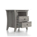 Right-angled transitional vintage gray oak finish wood two-shelf nightstand with flared sides and two open drawers on a white background