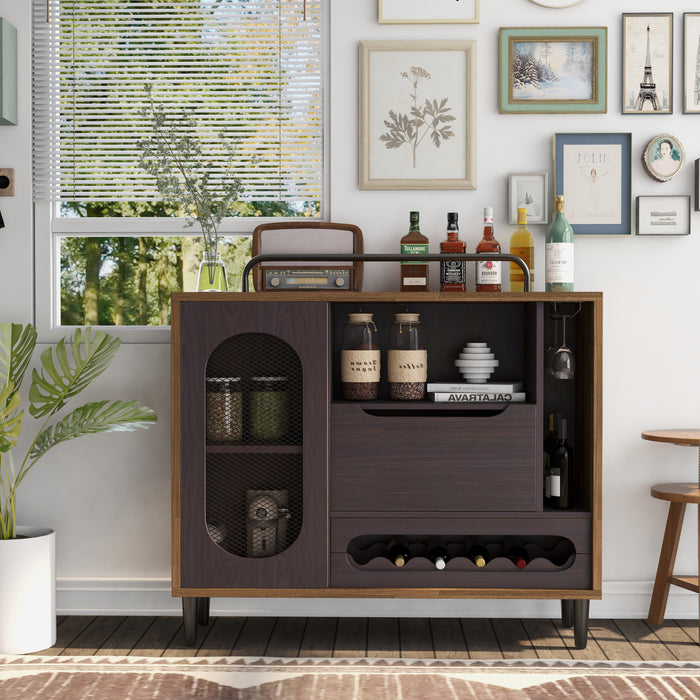 Front-facing light hickory finished wine cabinet in a kitchen and dining area. An iron-mesh accented cabinet reveals two shelves with kitchen essentials.