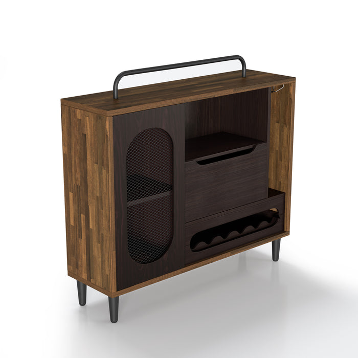 Top view of a light hickory finished wine cabinet against a white background. A bar on the tabletop creates a radio-inspired silhouette on retro tapered feet. An iron-mesh accented cabinet evokes a radio speaker while a grooved compartment offers 6 slots for standard wine bottles. The open shelf and stemware rack also settle within the casegood.