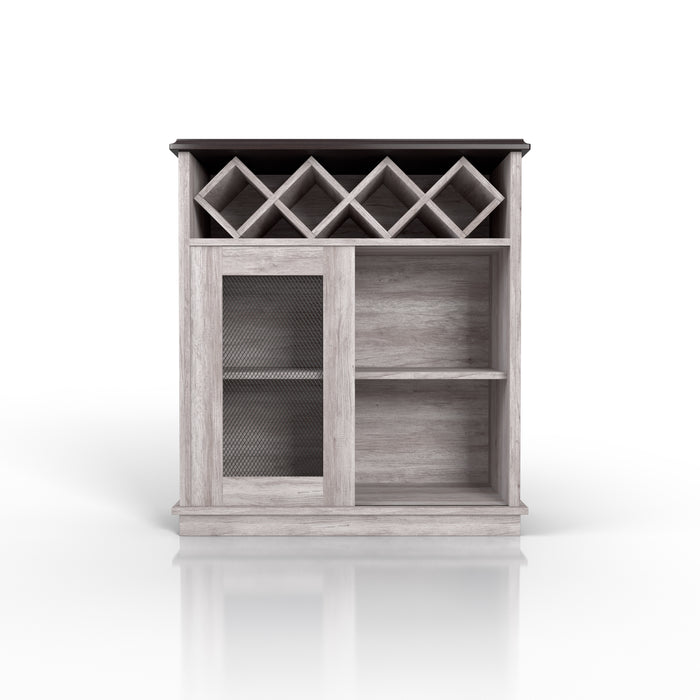 Front-angled coastal white wine buffet against a white background. A 4-slot lattice rack decorates just below the tabletop while an iron-mesh accented cabinet door reveals two shelves left of the open shelves.