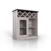 Right-angled coastal white wine buffet against a white background. A 4-slot lattice rack decorates just below the tabletop while an iron-mesh accented cabinet door reveals two shelves.