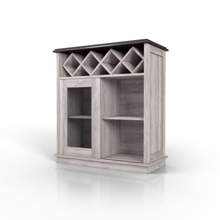 Left-angled coastal white wine buffet against a white background. A 4-slot lattice rack decorates just below the tabletop while an iron-mesh accented cabinet door reveals two shelves.