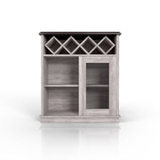 Front-angled coastal white wine buffet against a white background. A 4-slot lattice rack decorates just below the tabletop while an iron-mesh accented cabinet door reveals two shelves right of the open shelves.