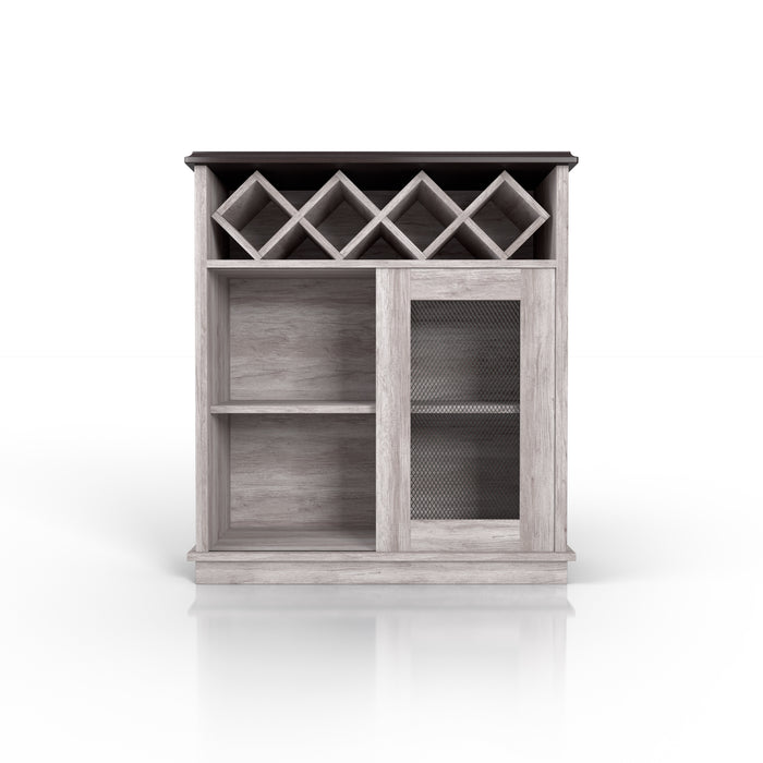 Front-angled coastal white wine buffet against a white background. A 4-slot lattice rack decorates just below the tabletop while an iron-mesh accented cabinet door reveals two shelves right of the open shelves.