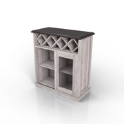 Top view of a coastal white wine buffet with a cove beveled. A 4-slot lattice rack decorates just below the tabletop while an iron-mesh accented cabinet door reveals two shelves right of the open shelves.