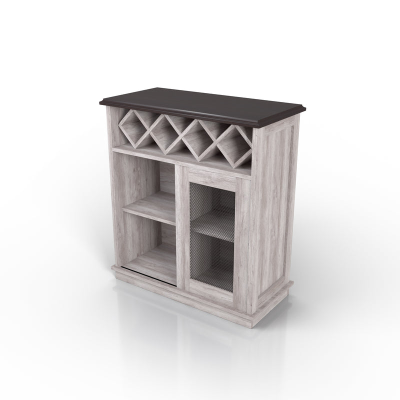 Top view of a coastal white wine buffet with a cove beveled. A 4-slot lattice rack decorates just below the tabletop while an iron-mesh accented cabinet door reveals two shelves right of the open shelves.