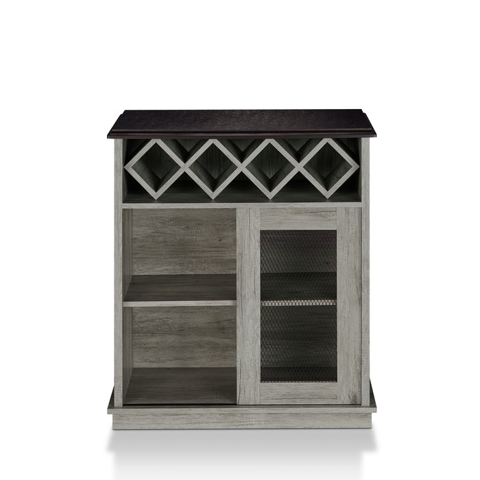Front-angled vintage grey oak wine buffet against a white background. A 4-slot lattice rack decorates just below the tabletop while an iron-mesh accented cabinet door reveals two shelves right of the open shelves.