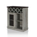Left-angled vintage grey oak wine buffet against a white background. A 4-slot lattice rack decorates just below the tabletop while an iron-mesh accented cabinet door reveals two shelves.