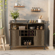 Front-facing reclaimed oak wine cabinet in a contemporary home. The pipe-accented lipped top displays wooden cooking utensils while the open shelves store other kitchen supplies. The wine rack holds 8-bottles.