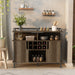 Front-facing reclaimed oak wine cabinet in a contemporary home. The pipe-accented lipped top displays wooden cooking utensils while the open shelves store other kitchen supplies. The wine rack holds 8-bottles. 