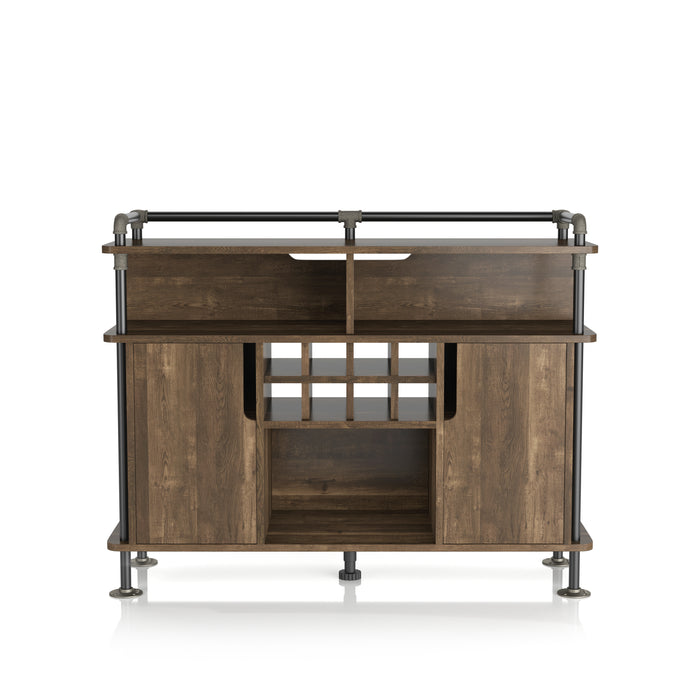 Front-facing reclaimed oak wine cabinet against a white background. The pipe-inspired accents create a lipped top. Three open shelves and an 8-bottle wine rack with an open back are offered on the buffet.