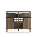 Front-facing reclaimed oak wine cabinet against a white background. The pipe-inspired accents create a lipped top. Three open shelves and an 8-bottle wine rack with an open back are offered on the buffet.