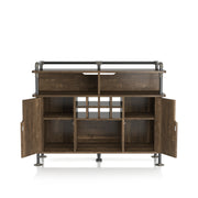 Front-facing reclaimed oak wine cabinet against a white background. The pipe-inspired accents create a lipped top. Three open shelves and an 8-bottle wine rack with an open back are offered on the buffet. Two open cabinets reveal four additional shelves.