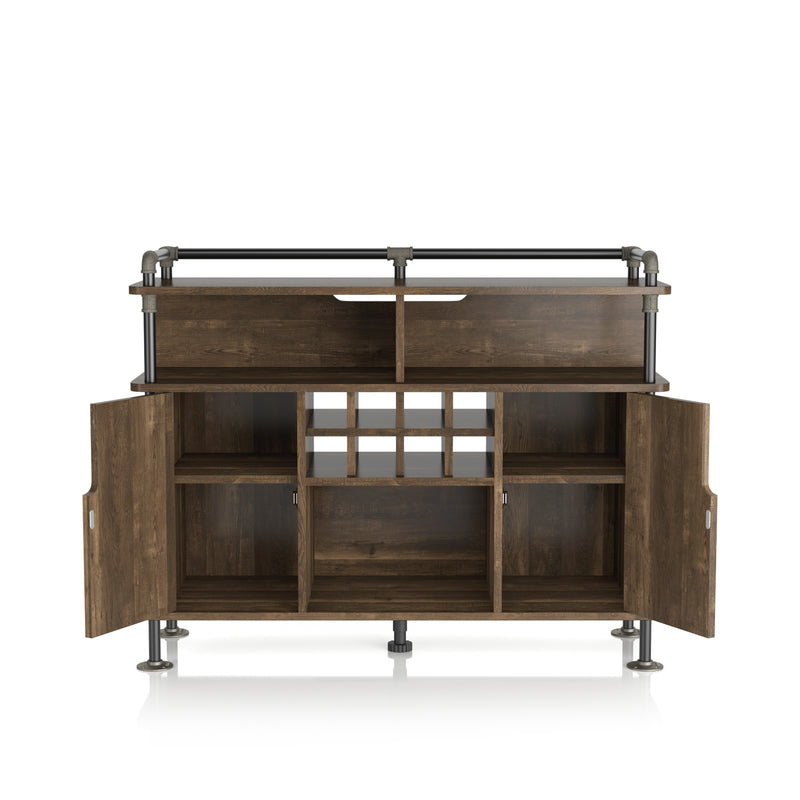 Front-facing reclaimed oak wine cabinet against a white background. The pipe-inspired accents create a lipped top. Three open shelves and an 8-bottle wine rack with an open back are offered on the buffet. Two open cabinets reveal four additional shelves.