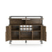 Front-facing reclaimed oak wine cabinet against a white background. The pipe-inspired accents create a lipped top. Three open shelves and an 8-bottle wine rack with an open back are offered on the buffet. Two open cabinets reveal four additional shelves.