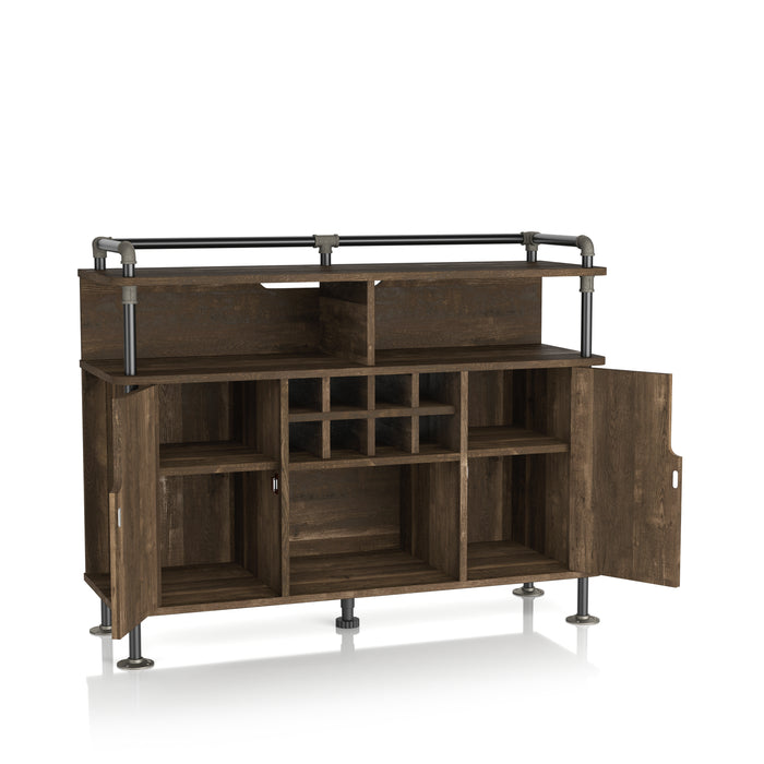 Right-angled reclaimed oak wine cabinet against a white background. The pipe-inspired accents create a lipped top. Three open shelves and an 8-bottle wine rack are offered on the buffet. Two open cabinets reveal four additional shelves.