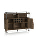 Right-angled reclaimed oak wine cabinet against a white background. The pipe-inspired accents create a lipped top. Three open shelves and an 8-bottle wine rack are offered on the buffet. Two open cabinets reveal four additional shelves.