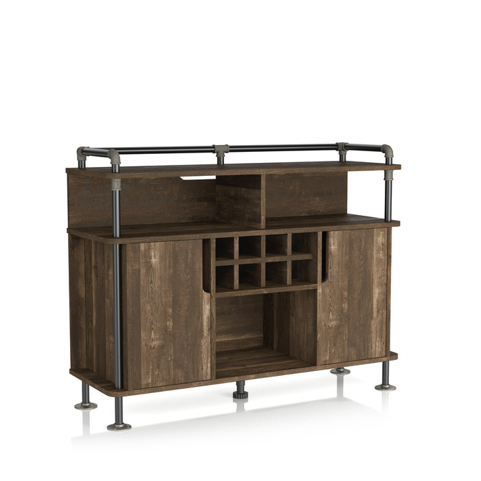 Right-angled reclaimed oak wine cabinet against a white background. The pipe-inspired accents create a lipped top. Three open shelves and an 8-bottle wine rack are offered on the buffet.
