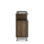 Right-facing reclaimed oak wine cabinet against a white background. The pipe-inspired accents create a lipped top.