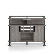 Front-facing vintage grey oak wine cabinet against a white background. The pipe-inspired accents create a lipped top. Three open shelves and an 8-bottle wine rack with an open back are offered on the buffet.