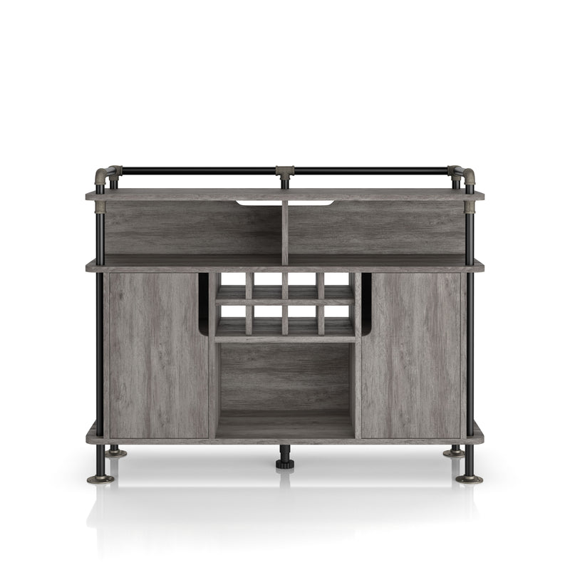 Front-facing vintage grey oak wine cabinet against a white background. The pipe-inspired accents create a lipped top. Three open shelves and an 8-bottle wine rack with an open back are offered on the buffet.