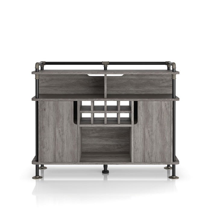 Front-facing vintage grey oak wine cabinet against a white background. The pipe-inspired accents create a lipped top. Three open shelves and an 8-bottle wine rack with an open back are offered on the buffet.