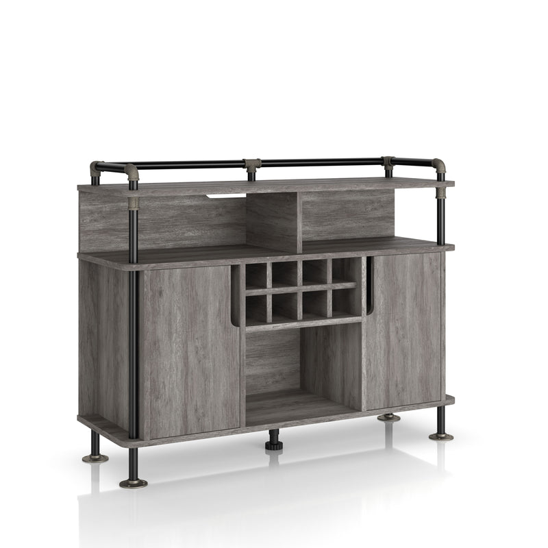Right-angled vintage grey oak wine cabinet against a white background. The pipe-inspired accents create a lipped top. Three open shelves and an 8-bottle wine rack are offered on the buffet.
