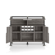 Front-facing vintage grey oak wine cabinet against a white background. The pipe-inspired accents create a lipped top. Three open shelves and an 8-bottle wine rack with an open back are offered on the buffet. Two open cabinets reveal four additional shelves.