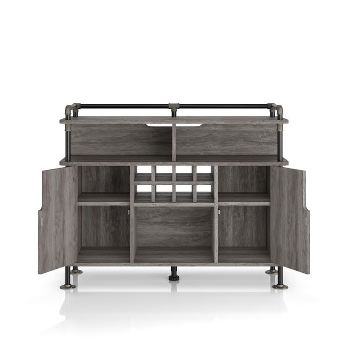 Front-facing vintage grey oak wine cabinet against a white background. The pipe-inspired accents create a lipped top. Three open shelves and an 8-bottle wine rack with an open back are offered on the buffet. Two open cabinets reveal four additional shelves.