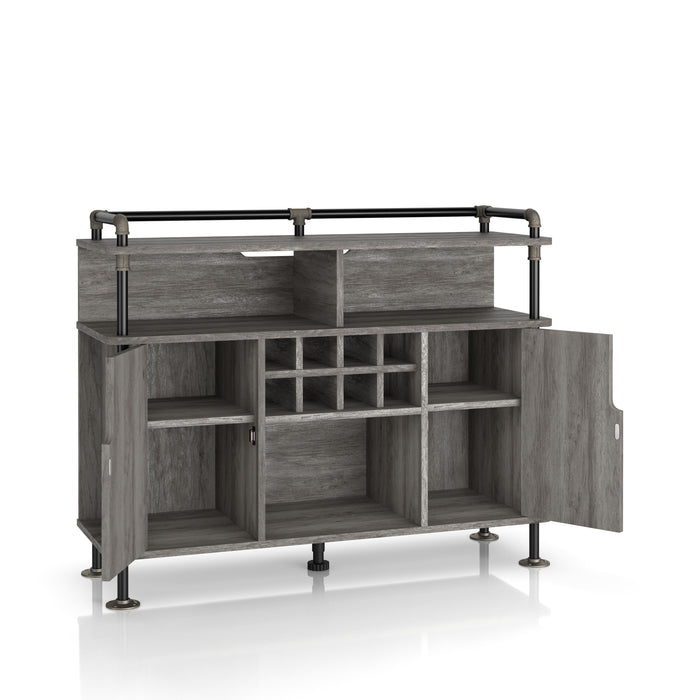 Right-angled vintage grey oak wine cabinet against a white background. The pipe-inspired accents create a lipped top. Three open shelves and an 8-bottle wine rack are offered on the buffet. Two open cabinets reveal four additional shelves.