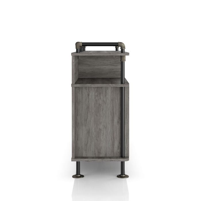 Right-facing vintage grey oak wine cabinet against a white background. The pipe-inspired accents create a lipped top.