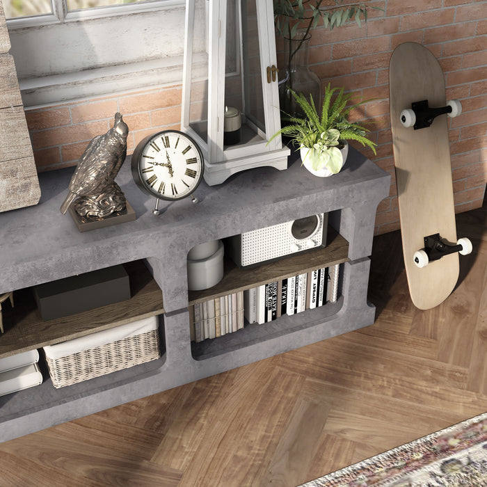 Left angled top view close up industrial six-shelf cement TV stand corner detail in a living room with accessories